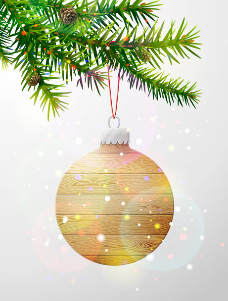 Weihnachtsbaumzweig mit dekorativer Holzkugel - Vektor, Bild