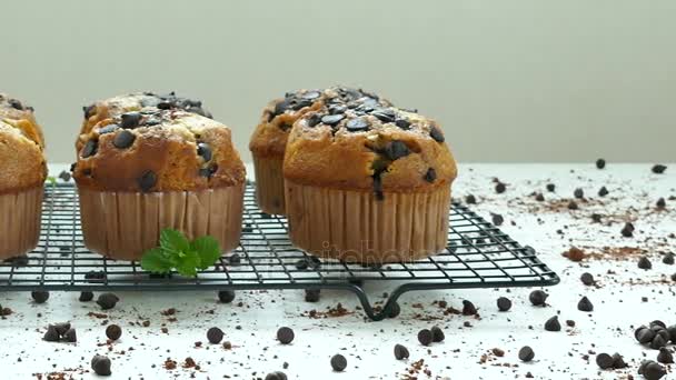 heerlijke zelfgemaakte muffins met chocolade druppels op metalen raster - Video