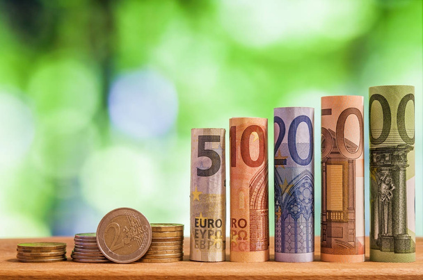 Five, ten, twenty, fifty and one hundred euro rolled bills bankn - Foto, Imagem