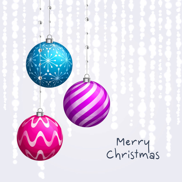 Christmas card. Xmas balls hanging on ribbons with pearls. Background with bokeh lights. Vector. - Vector, Image