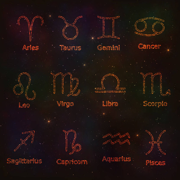 Zestaw ozdobny elementy ognisty znak zodiaku znaki na gwiaździste S - Wektor, obraz