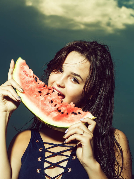 pretty girl on sky with watermelon - Zdjęcie, obraz