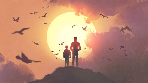 silhouette de père et fils debout sur la montagne regardant le soleil se lever dans le ciel, style d'art numérique, peinture d'illustration
 - Photo, image