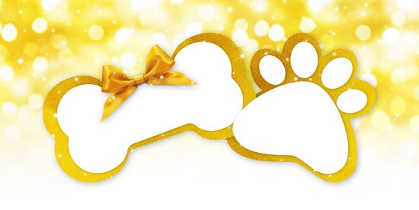 pets store gift card with bone and paw imprint shape golden ribb - Photo, Image