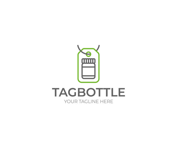 Ετικέτα και το πρότυπο λογότυπο μπουκάλι. Γυαλί βάζο διανυσματική σχεδίαση. Εικονογράφηση φάρμακο - Διάνυσμα, εικόνα