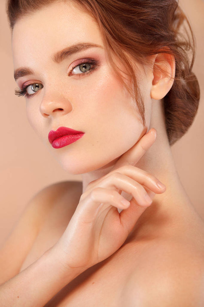 Closeup portrait of beautiful young woman with clean and fresh skin. Nude makeup. Facial treatment . Concept for cosmetology, beauty and spa . - Foto, immagini