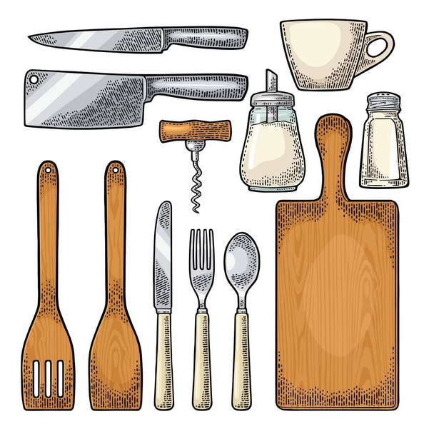 Conjunto de utensílios de cozinha. Gravura Vector vintage
 - Vetor, Imagem