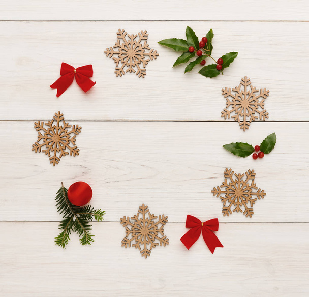 Christmas decoration frame on wooden background - Photo, Image