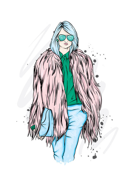 Beautiful stylish girl in a fur coat, trousers and glasses. Fashionable clothes and accessories. Fashion & Style. Vector illustration for a postcard or a poster. Print on clothes, cover of a magazine. - Vettoriali, immagini
