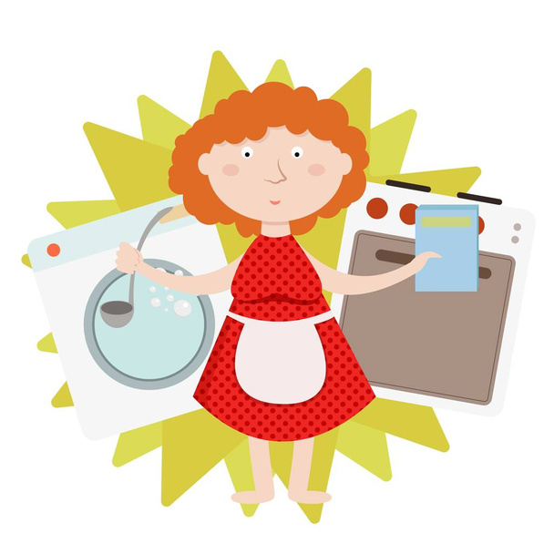 Trabalho doméstico e doméstico, limpeza diária, cozinha e lavagem de mulheres, isolado
 - Vetor, Imagem