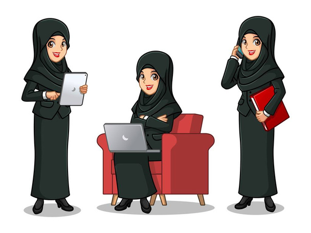 Set of businesswoman in black suit with veil cartoon character design working on gadgets, tablet, laptop computer, and mobile phone, isolated against white background. - Vector, Image