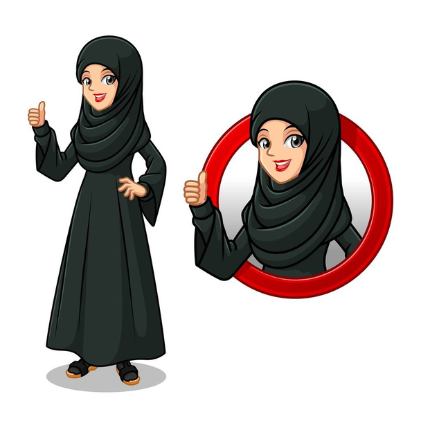 Ensemble de femme d'affaires arabe dans la conception de personnage de dessin animé robe noire, à l'intérieur du concept de logo cercle avec montrant comme, ok, bon travail, geste de signe satisfait avec ses pouces vers le haut, isolé sur fond blanc
. - Vecteur, image