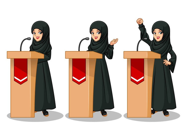 Set arabischer Geschäftsfrau in schwarzem Kleid Cartoon-Figur Design Politiker Redner öffentliche Redner hält eine Rede Präsentation hinter Podium stehend, isoliert vor weißem Hintergrund. - Vektor, Bild