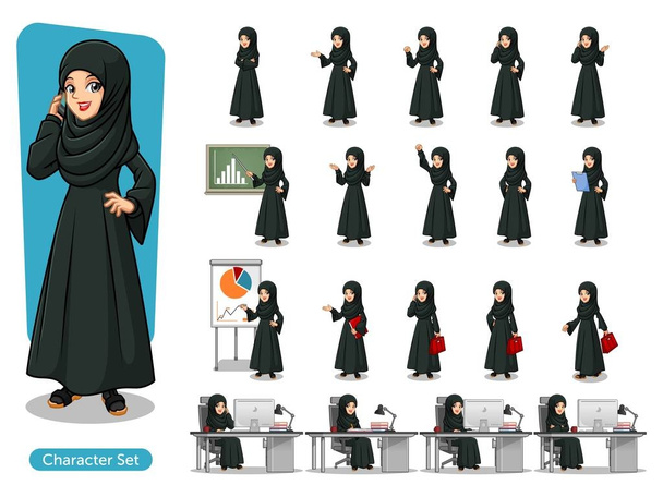 Ensemble de femme d'affaires arabe en robe noire dessin animé personnage avec différentes poses, isolé sur fond blanc
. - Vecteur, image