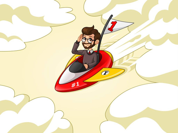 Hipster businessman cartoon character design riding a rocket with number one flag flying through the sky, against cream background. - Vector, Image
