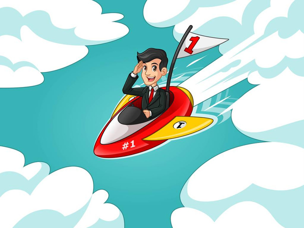 Geschäftsmann in schwarzem Anzug Zeichentrickfigur Design Reiten eine Rakete mit Nummer eins Flagge durch den Himmel fliegen, vor tosca Hintergrund. - Vektor, Bild