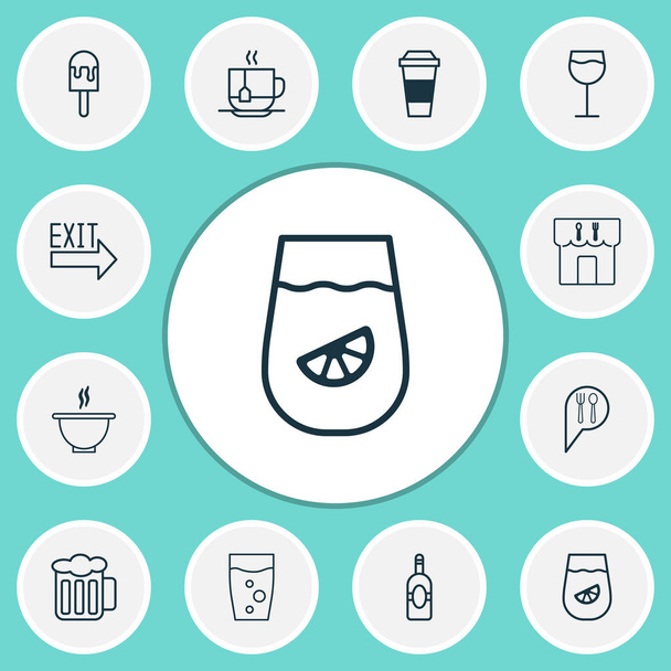 Eating icons set with lemonade, sorbet, hot drink and other restaurant elements. Isolated vector illustration eating icons. - Vector, Image