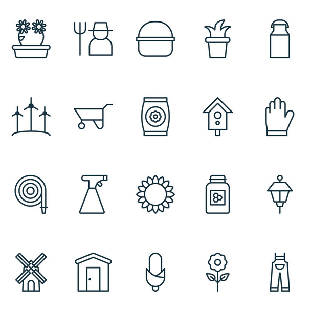 Gardening icons set with bush pot, farmhouse, jar and other jug elements. Isolated vector illustration gardening icons. - Vector, imagen