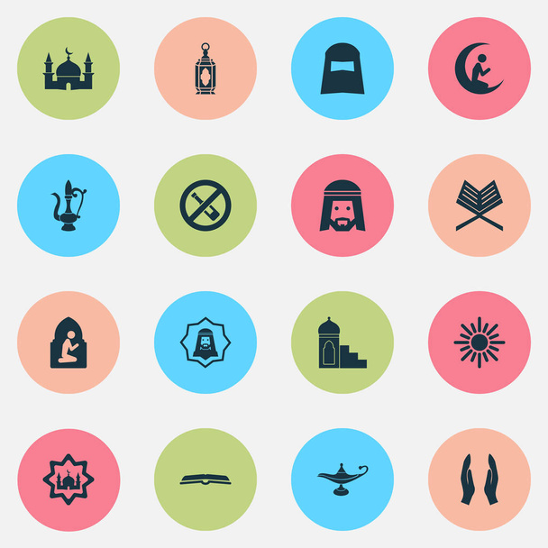 Holiday icons set with khutbah, worship, human and other arabian elements. Isolated vector illustration holiday icons. - Vector, Image