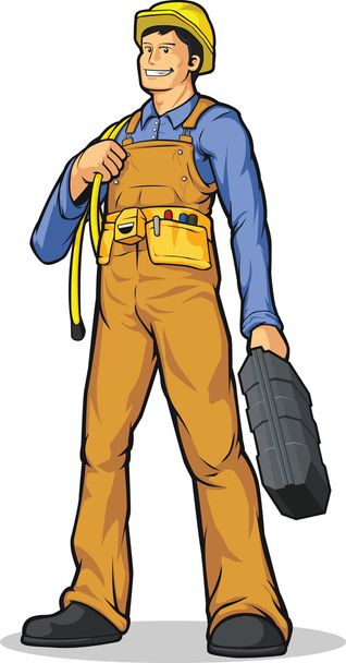 Trabajador de construcción industrial con cuerda y caja de herramientas
 - Vector, imagen