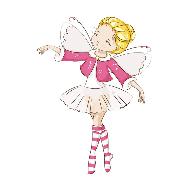 schöne kleine Fee. Sie ist blond. Prinzessin tanzt in einem Ballerinakostüm. Sie trägt Socken mit weihnachtlichem Muster und einen roten Mantel mit Pelzbesatz. Vektor isoliert auf weißem Hintergrund. - Vektor, Bild