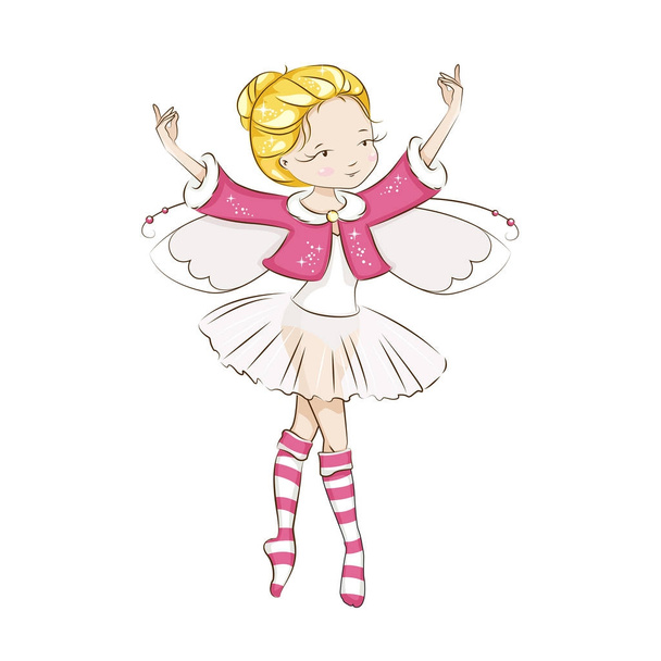 schöne kleine Fee. Sie ist blond. Prinzessin tanzt in einem Ballerinakostüm. Sie trägt Socken mit weihnachtlichem Muster und einen roten Mantel mit Pelzbesatz. Vektor isoliert auf weißem Hintergrund. - Vektor, Bild
