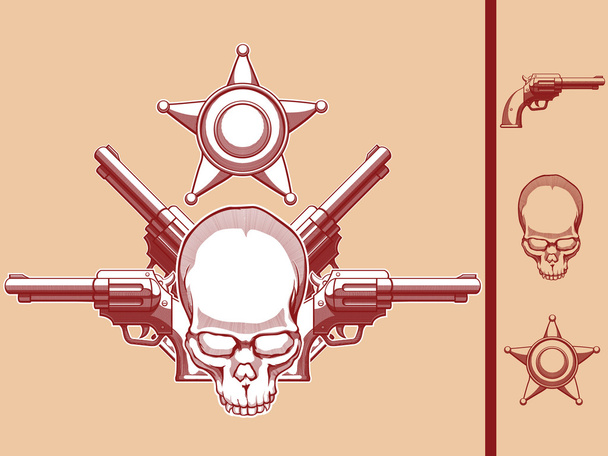 Crânio selvagem vintage do oeste, revólver e emblema do xerife
 - Vetor, Imagem