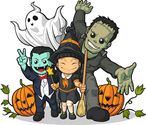 Ведьма, вампир, стейн, призрак и тыква приветствуют Хэллоуин
 - Вектор,изображение
