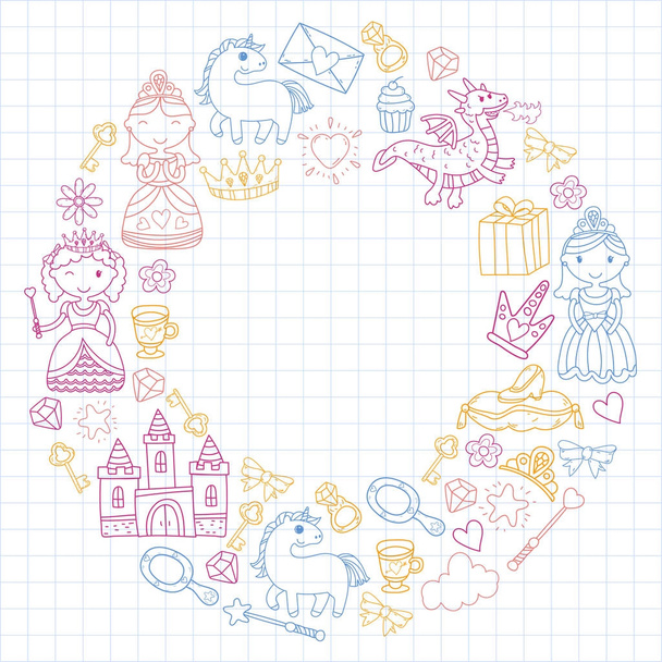 Set of doodle princess and fantasy icon and and design element for invitation and greeting card. Kids drawing. Kindergarten, preschool, school pattern - ベクター画像