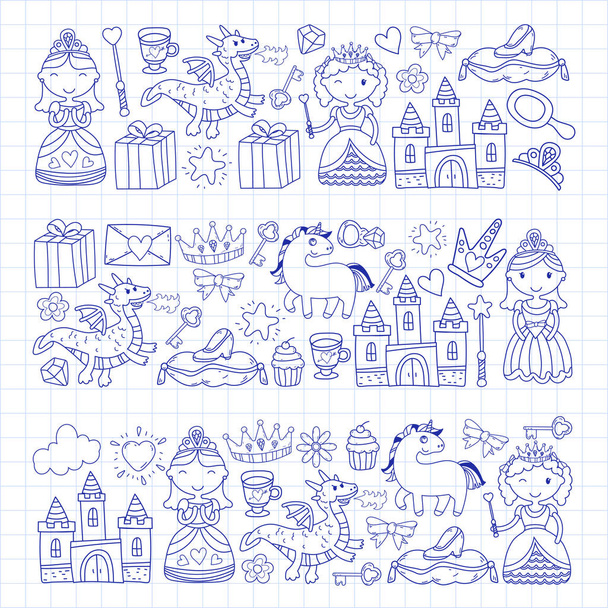 Set of doodle princess and fantasy icon and and design element for invitation and greeting card. Kids drawing. Kindergarten, preschool, school pattern - ベクター画像