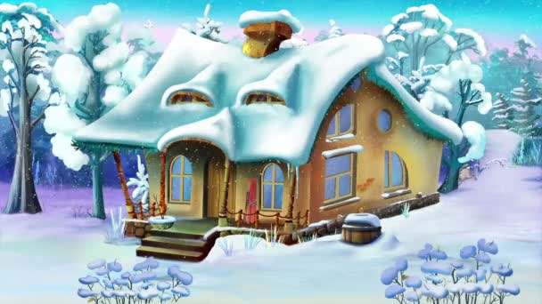 Kis ház egy havas napon téli erdőben. Klasszikus rajzfilm stílusú kézzel készített animáció - Felvétel, videó