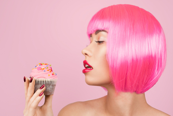 Beauty fashion model with pink hair.  - Fotó, kép
