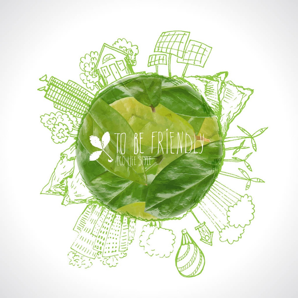 Pianeta verde con cerchio ecologia scarabocchi. Elementi eco schizzati con terra e foglie
 - Vettoriali, immagini