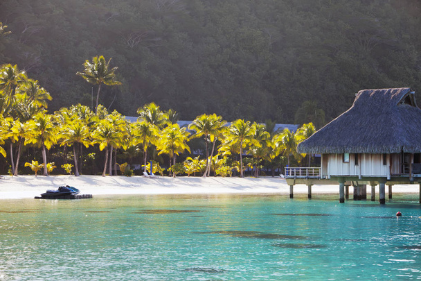 Paisaje polinesio típico: isla con palmeras y casitas sobre el agua en el océano y montañas sobre un fondo
 - Foto, Imagen