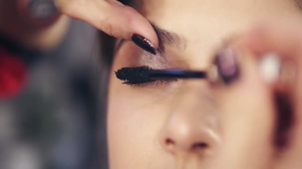 Closeup view of professional makeup artist applying mascara on the models eyelashes. Work in beauty fashion industry. Backstage professional make-up. Slowmotion shot - Imágenes, Vídeo