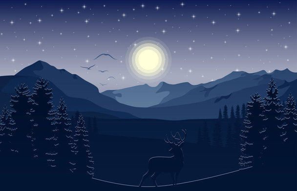 鹿と夜の森と山の風景 - ベクター画像
