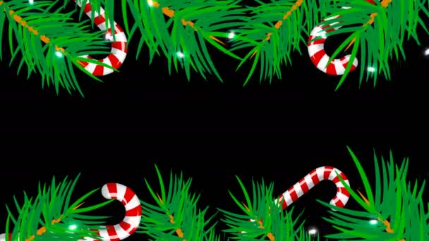 Noel çerçeve siyah arka plan üzerine. Brunch ağaçlar, candys ve ışıklar ile zemin - Video, Çekim