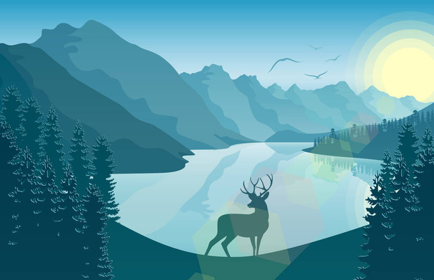 Mountain landscape with deer in a forest and lake at sunrise - Vector, Image