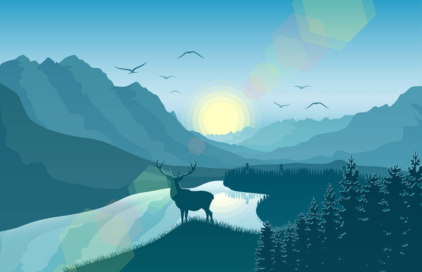 湖近くの森の鹿と山の風景 - ベクター画像