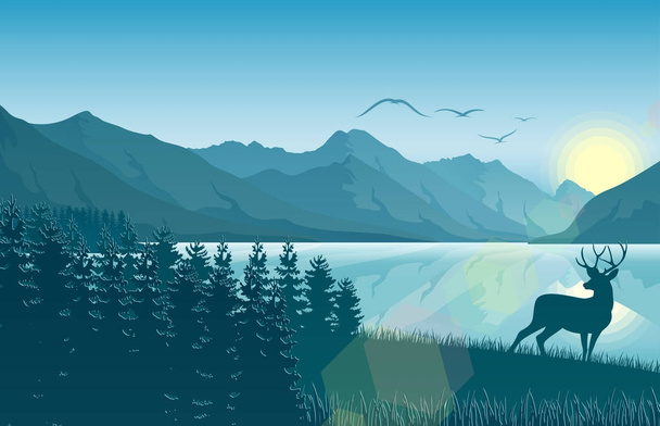 Mountain landscape with deer in a forest near a lake - Vector, Image