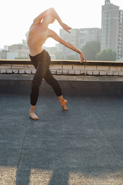 young and graceful female dancer performing on roof of city building  - Photo, Image