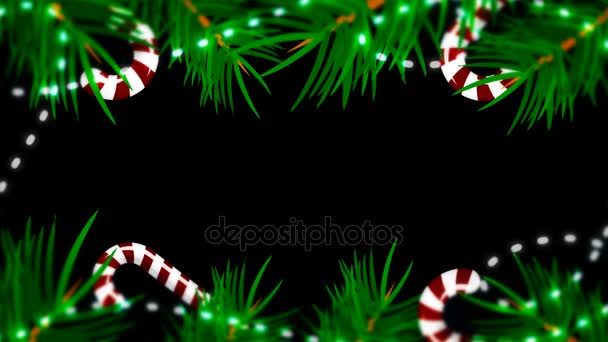 Christmas frame on black background. Abstract backdrop with brunch trees, candys and lights - Footage, Video