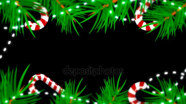 Christmas frame on black background. Abstract backdrop with brunch trees, candys and lights - Footage, Video