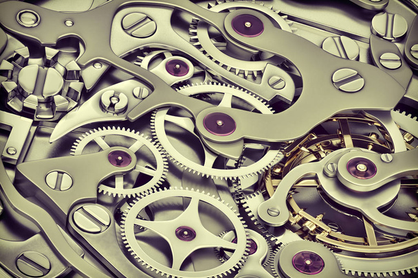 Uhr Maschinen 3D-Rendering mit Zahnrädern Nahaufnahme - Foto, Bild