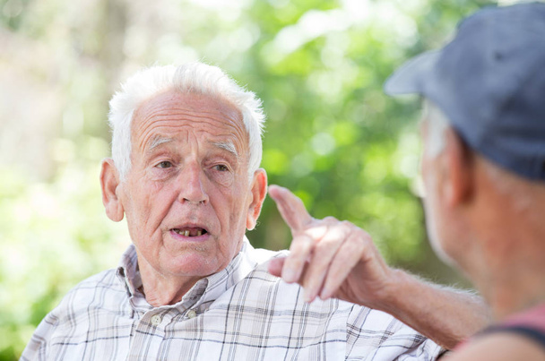 Dois homens seniores a falar no parque
 - Foto, Imagem