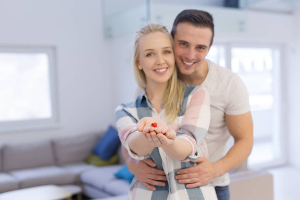 couple showing small red house in hands - Photo, image