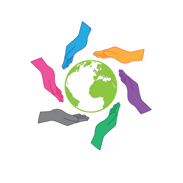 Logo icône de sauvegarde de la terre. Six mains protègent la terre. Six couleurs mains représentant les gens partout dans le monde, quelle que soit la nation, le continent ou la couleur de peau aurait resposibilité à la terre
 - Vecteur, image