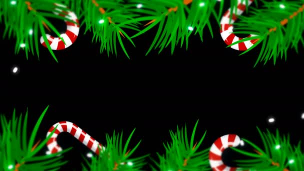 Noel çerçeve siyah arka plan üzerine. Brunch ağaçlar, candys ve ışıklar ile zemin - Video, Çekim