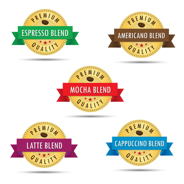 Πέντε χαρμάνια καφέ πριμοδότηση ποιότητας χρυσό διακριτικό εικονίδιο λογότυπο διάνυσμα γραφικού σχεδιασμού. Espresso, μόκα, latte, καπουτσίνο και americano χαρμάνια. - Διάνυσμα, εικόνα