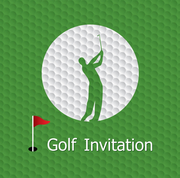 Invitation tournoi de golf design graphique. Balancement du golfeur, drapeau et trou sur la texture de la balle de golf
. - Vecteur, image